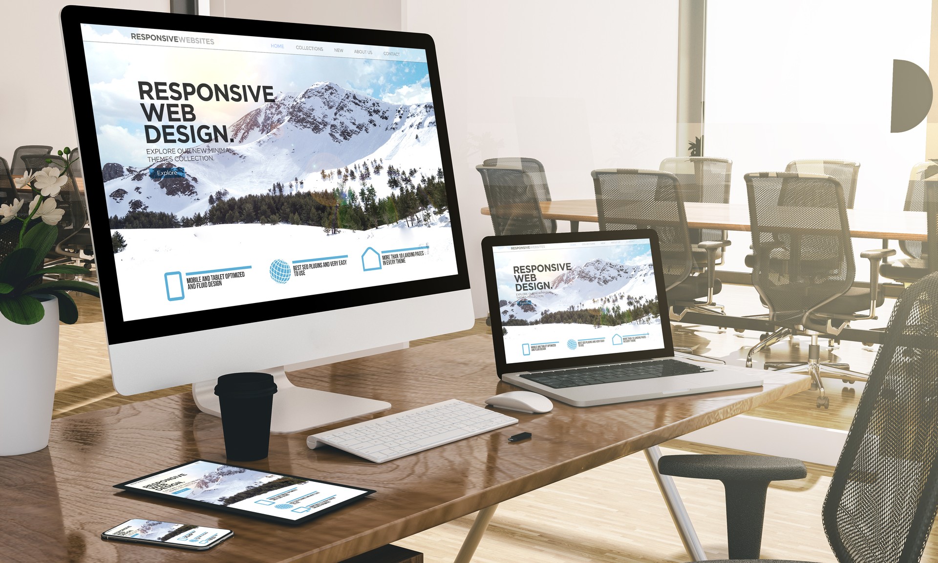 computer, laptop, tablet, and phone with responsive web design website at office mockup